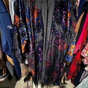 New York & Company Black Kimono with Vibrant Floral Embroidery